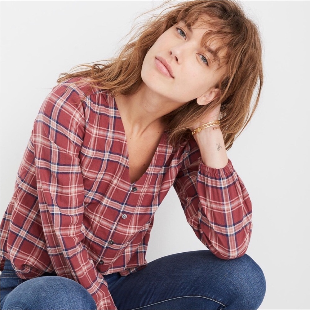 Madewell V-Neck Button Front Blouse Pink Plaid